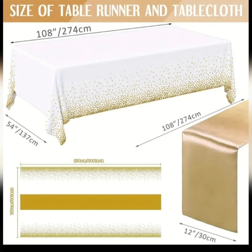 NEW ELEGANT PLASTIC TABLE CLOTHES GOLDEN POKA DOTS W/ RUNNERS~3 PACK 54